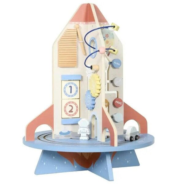 Bobobiy Wooden Activity Cube, Rocket Theme Educational Toys with Shape Sorter & Bead Maze for Toddlers 24M-6Y Fine Motor Skill