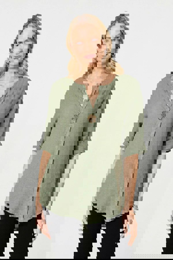 Khaki | Button Detail 1/2 Sleeve V-Neck Blouse
