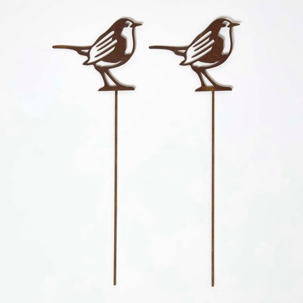 HOMESCAPES Steel Robin Garden Stake Decorations, Set of 2