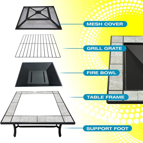Centurion Supports SHANGO Premium Multi-Functional Black with Ceramic Tiles Outdoor Garden and Patio Square Heater Fire Pit Brazier and Outdoor Table