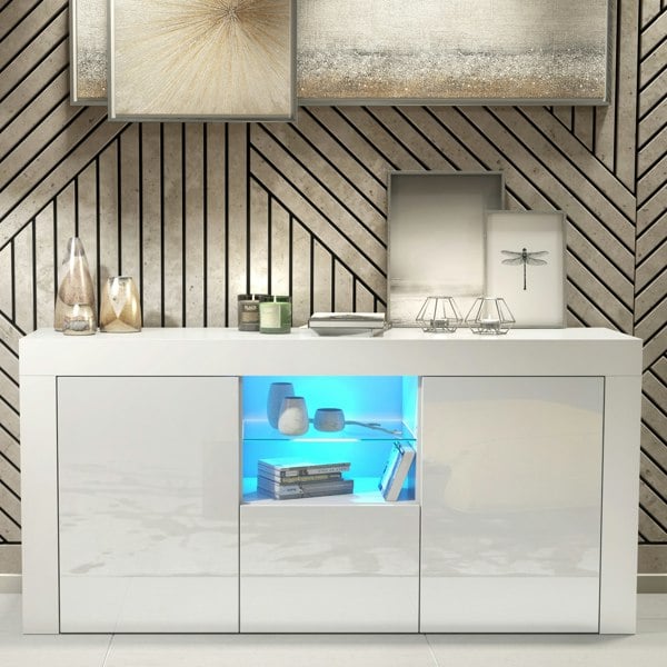 Mex Furniture Modern TV Unit Cabinet 145cm Stand & with White Gloss Doors & Free LED