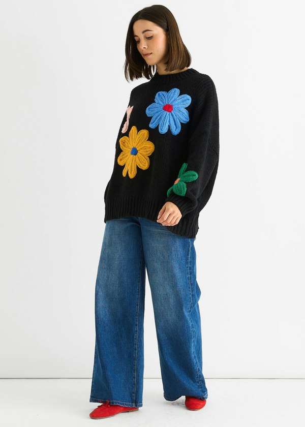 Gini London Black Floral Crochet Chunky Knit Oversized Jumper