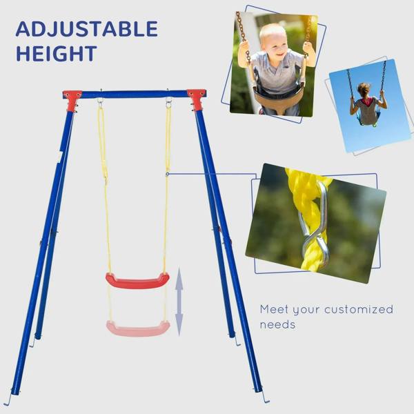 Adjustable-height kids swing set with red seats and yellow rope swings on blue frame