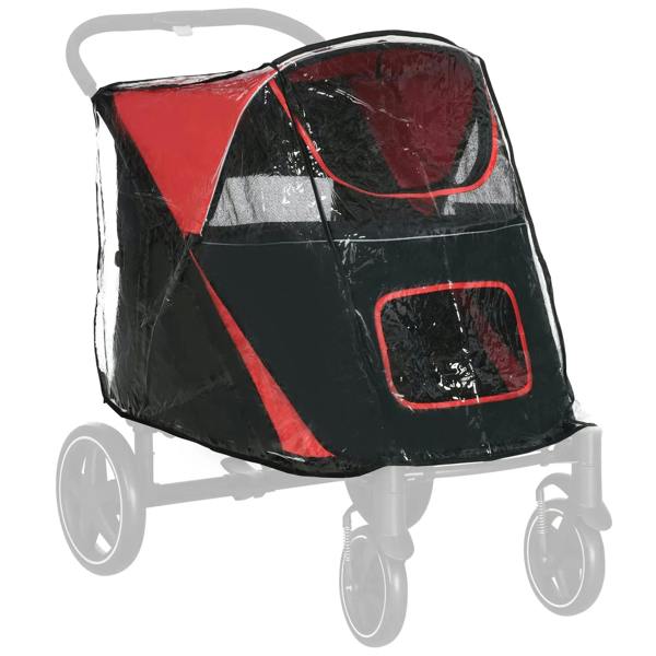 Dog stroller rain cover with clear window, red and black panels, rear opening