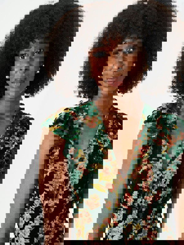 Gini London Green Floral Devore Ruffle V Neck Midaxi Dress