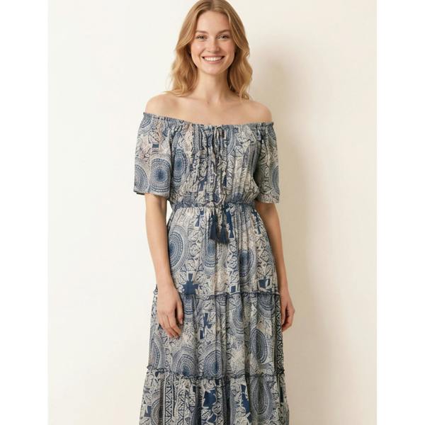Blue Vanilla Tie Front Bardot Maxi Dress