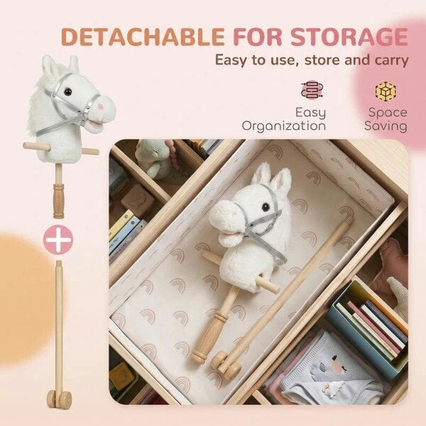Bobobiy Hobby Horse with Wood Wheels, Stick Horse with Grip Handle, Hoofbeats Neighing, Gift for Imaginative Play, 95 cm, White