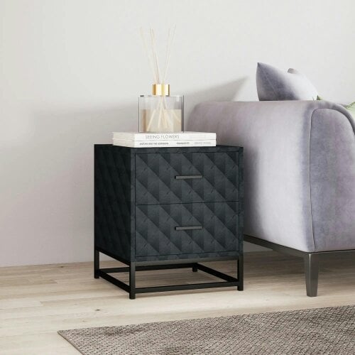 Bobobiy Bedside Tables Set of 2, Modern Bedside Table Nightstand with 2 Drawers, Bedside Cabinet Sofa Side Table with Storage, Steel Legs, Black