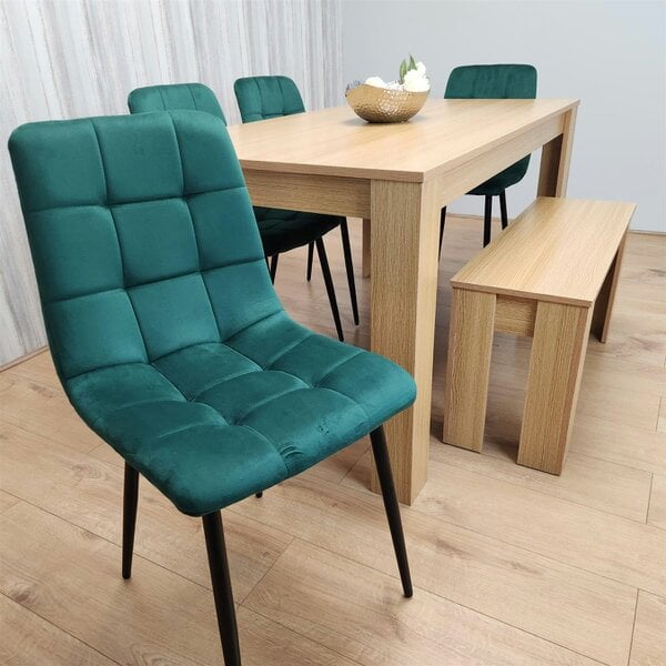 Kosy Koala Wooden Dining Table Set for 6 Oak Effect Table With 4 Green Velvet Chairs and 1 Bench