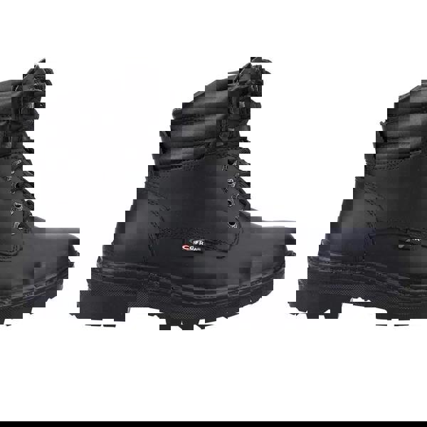 Cofra HULL Mens Composite Toe Midsole Safety Work Boots, black sturdy ankle-high work boot with padded collar, lace-up front, and slip-resistant sole for industrial protection and safety.