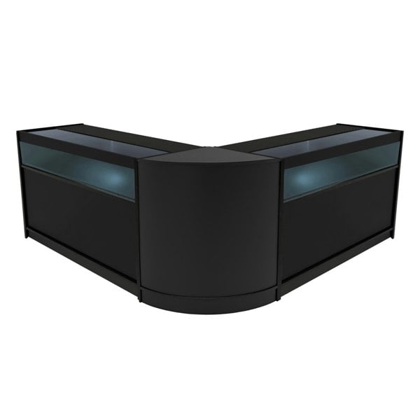 Black Iris LED shop counter set featuring two display cases with glass tops, sleek design, and modern LED lighting for enhanced visibility