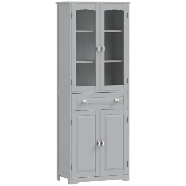 Freestanding Kitchen Cupboard, Storage Cabinet with 2 Adjustable Shelves, Drawer and Glass Door for Living Room, Grey