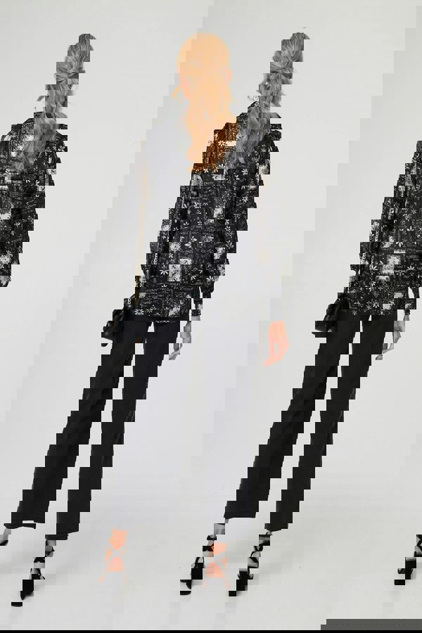 Black | Mosaic Print Button-Up Semi Sheer Shirt
