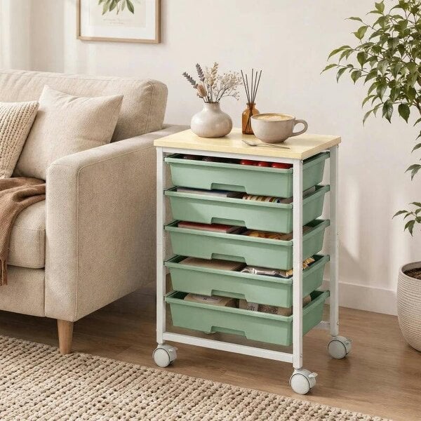 6-Tier Storage Trolley on Wheels, Metal Kitchen Rolling Cart with 5 Pull-Out Drawers, Green