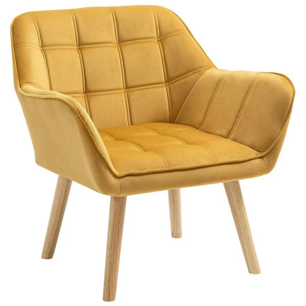 Yellow upholstered accent armchair with wide arms, slanted back, and wooden legs