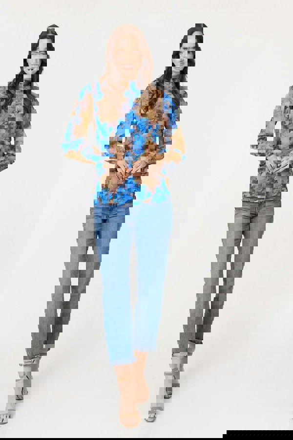 Blue | Printed High Neck Long Sleeve Blouse