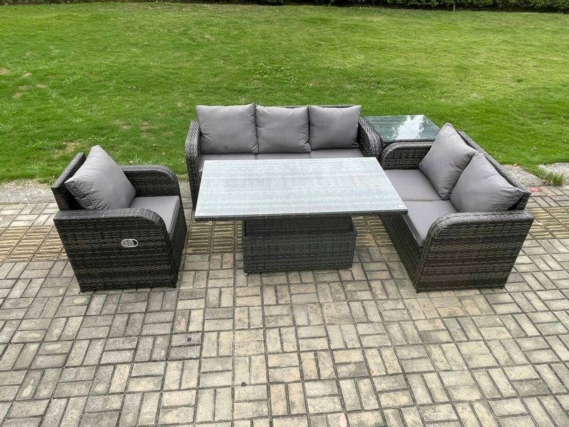 Fimous Outdoor Rattan Furniture Garden Dining Set Patio Height Adjustable Rising lifting Table Reclining Chair Sofa With Side Table Dark Grey Mixed