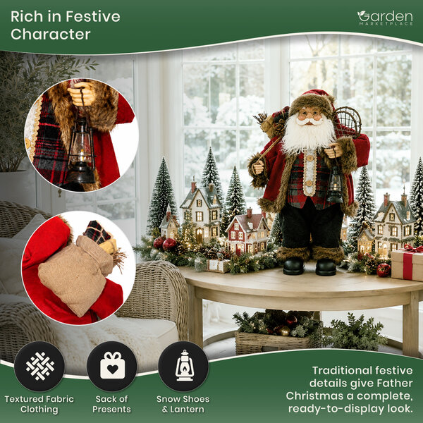 60cm Rustic Father Christmas Figure with Sack of Presents, Snow Shoes and Lantern, Free-Standing Indoor Santa Decoration with Fabric Clothing