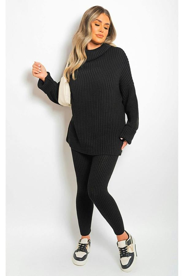 Mila Chunky Knitted High Roll Neck Top Bottom Co-ord Set - Black