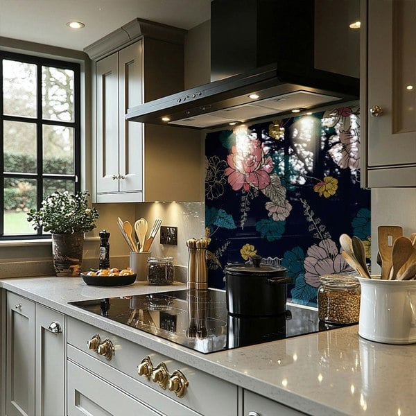 Benjamin Tate Design Pink Flowers On Navy Splash Back