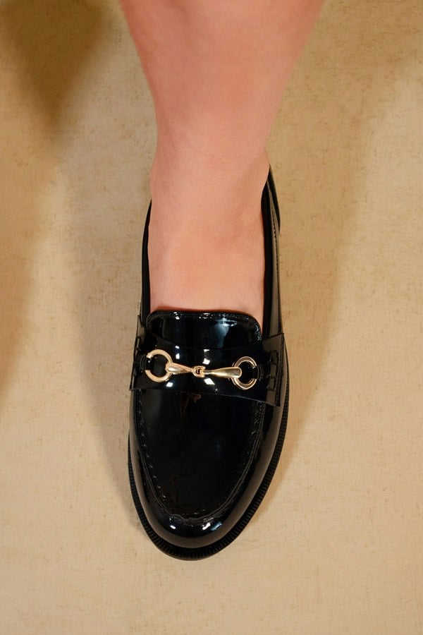 Where's That From Cielo Round Toe Single Metal Bar Loafers in Black Patent