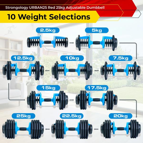 Homeology Urban25 Adjustable Smart Dumbbell 2.5kg to 25kg Single Home Fitness Training Weights Black Blue