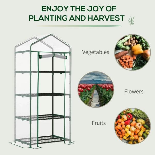 Green mini greenhouse with clear cover and four-tier shelves for planting
