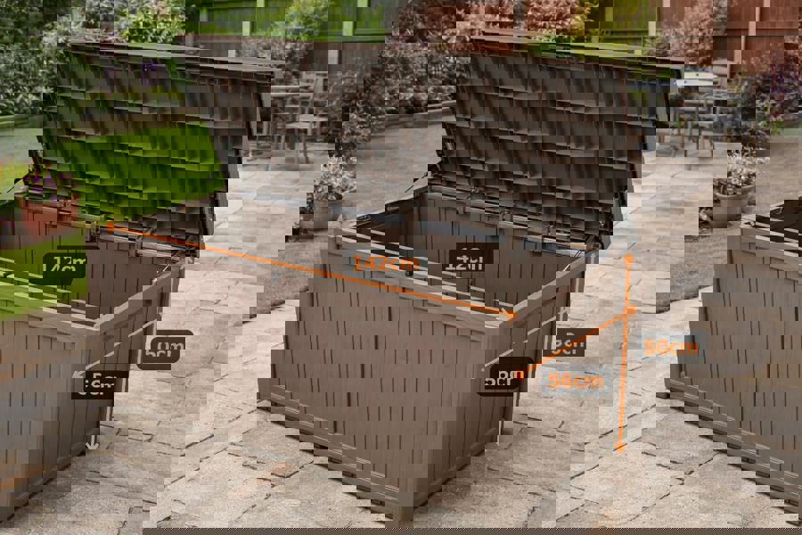 Resin Garden Storage Boxes 270L & 380L - Lockable Outdoor Storage with Hydraulic Lid Dark Brown The Garden Furniture Shop