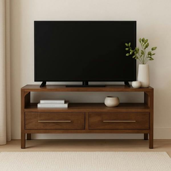 Artisan Furniture Solid Wood Arc-Line Media Console, 2 Drawer & 1 Open Slot, Brown