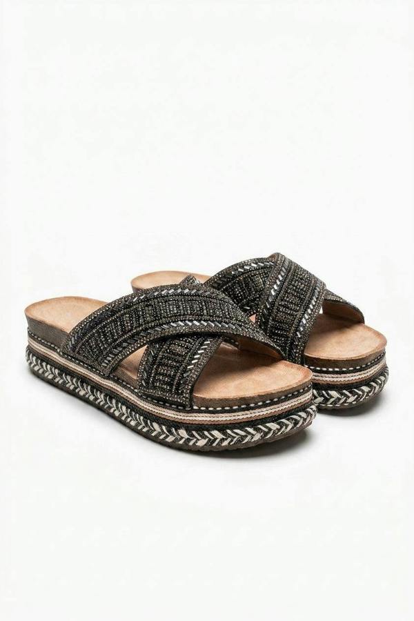 Yareli Embellished Cross Strap Platform Sandals - Black_wb