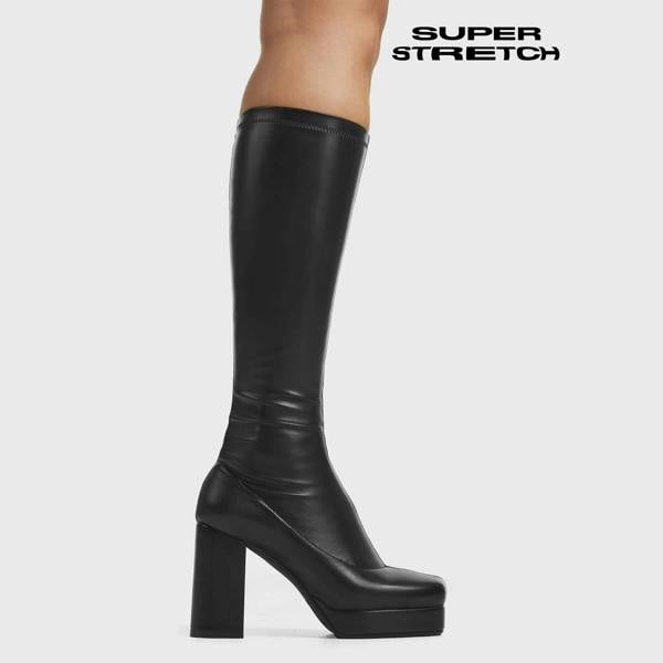 Lamoda Humble Black Stretch PU Platform Knee High Boots Trendy Stylish Women