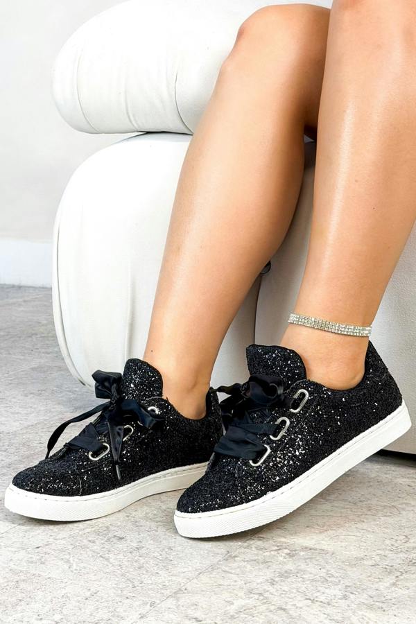 Sparkly Glitter Ribbon Lace Trainers Black, drawing attention to comfy round toe style