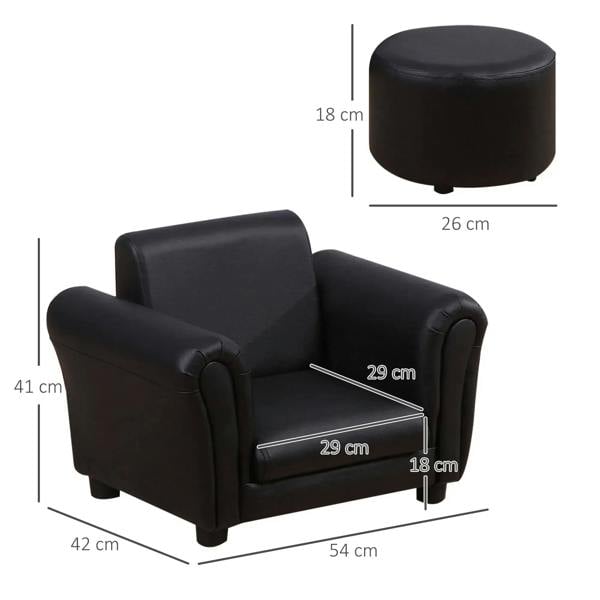 Black kids armchair with round footstool, side and front dimensions shown