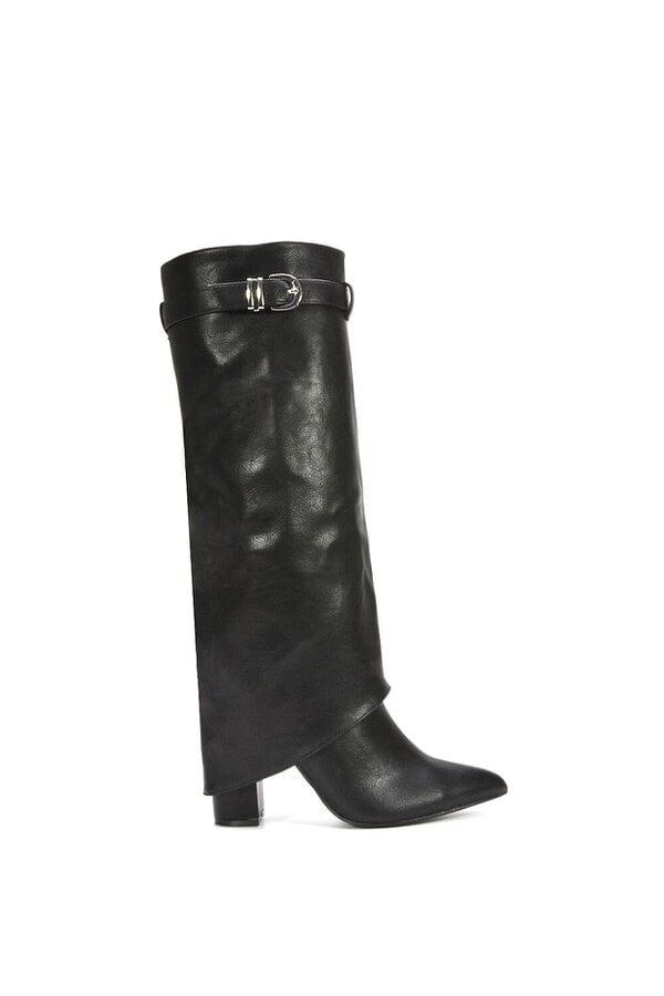 XY LONDON Fold Over Boots Block Heel Buckle Point Toe