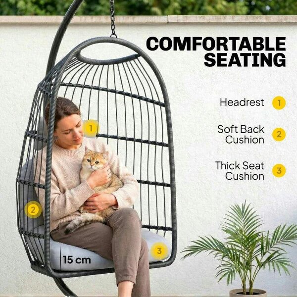 Hanging Egg Chair, Indoor Outdoor Hammock Swing Chair with Stand, Safety Strap, Foldable Basket, Dark/Light Grey