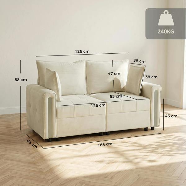 HOMCOM  2 Seater Sofa with Lift-Up Storage, 168 cm Velvet Couch, Beige
