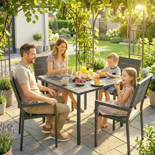 5 Pieces Garden Dining Set, Garden Table and Chairs Set for 4 with Square HDPE Table and Chairs with Armrests, Black