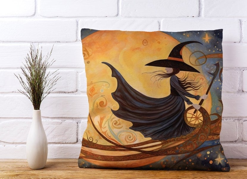 Warren Reed Whimsical Witch On A Broomstick Cushions