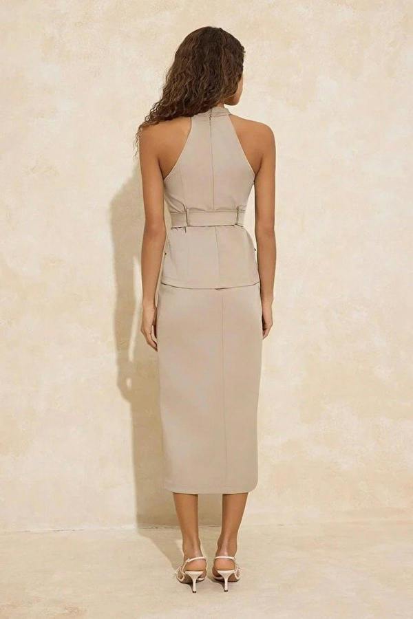 WOVCOR Embellished Belted Slit Woven Dress