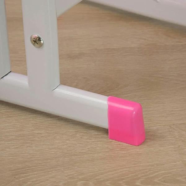 White chair/desk legs with pink end caps and footrest bar for kids.