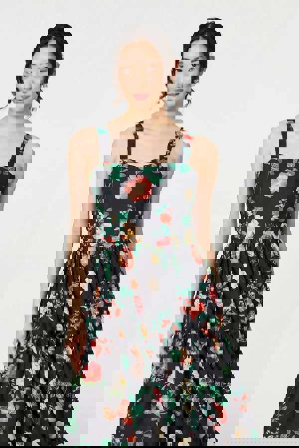 Black | Floral Sleeveless Skater Midi Dress
