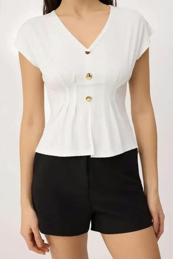 WOVCOR Fitted V-Neck Button-Down Short-Sleeved Soft Knit Blouse