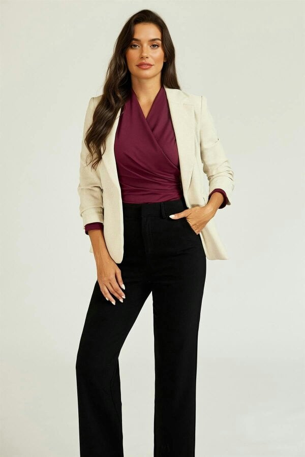 FS Collection Long Sleeve Wrap Neck Ruched Top In Wine