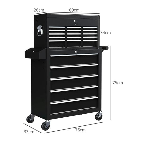 Black 14-drawer tool chest on wheels with measurement diagram and side handle