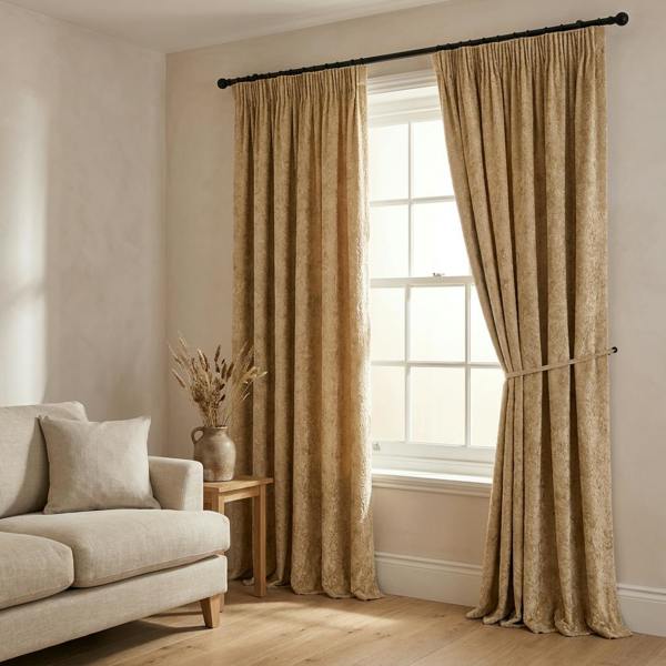 Athens made-to-measure curtains in Desert Gold, styled in a living room