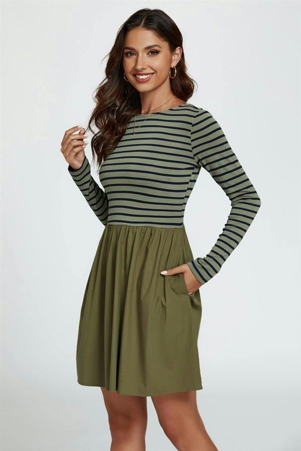 FS Collection Long Sleeve Stripe Mini Dress In Olive