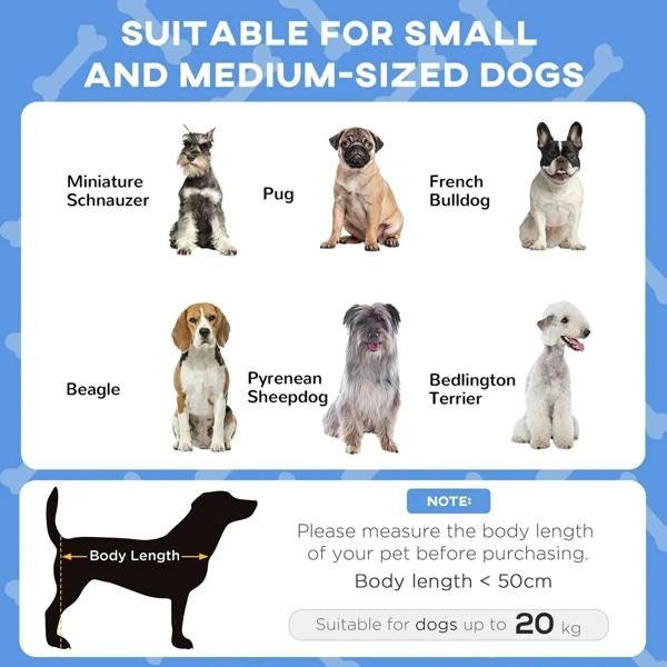 Raised pet bed size and fit guide graphic for small and medium dogs