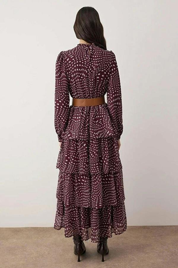 WOVCOR Stand Collar Patterned Lined Chiffon Woven Dress with Belt