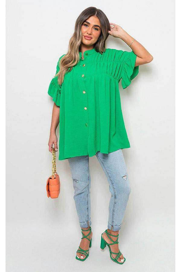 Rebecca Button Down Pleated Frill Tops - Green
