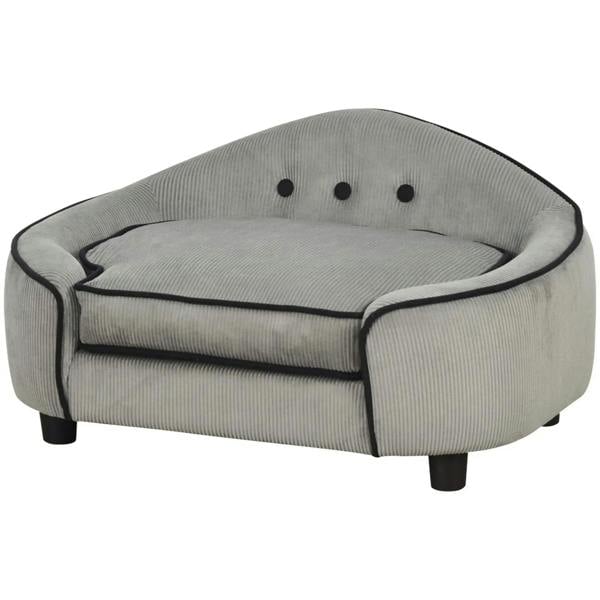Grey fabric pet sofa bed with soft cushion, rounded arms and black piping, low legs